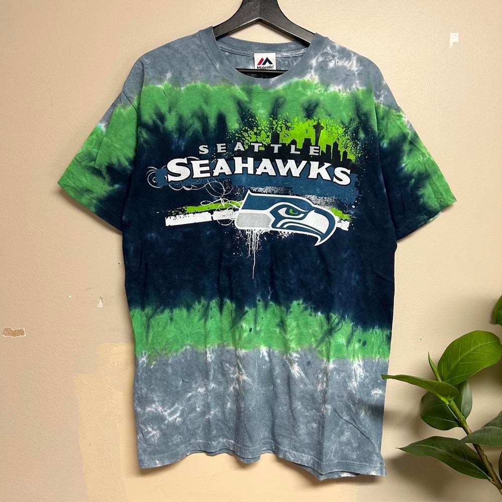 Majestic Seattle Seahawks Tie Dye Shirt Mens XL Y2K Blue Green Skyline Logo Tee